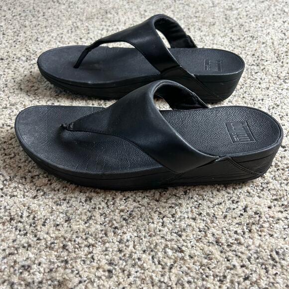 FitFlop Lulu Leather Flip Flop Size 10 Black Toe Post Thong Sandals - Picture 2 of 9